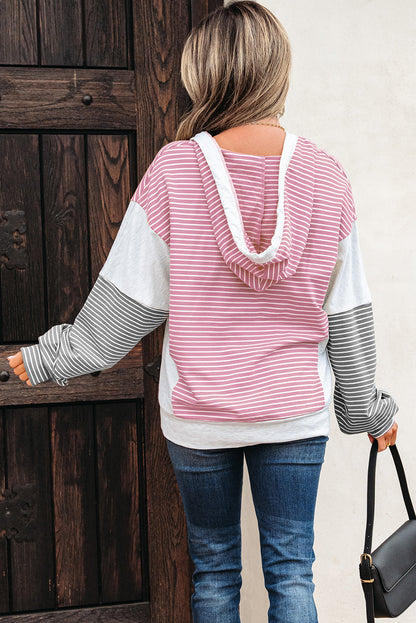 Pink Stripe Color Block Drawstring V Neck Loose Fit Hooded Top