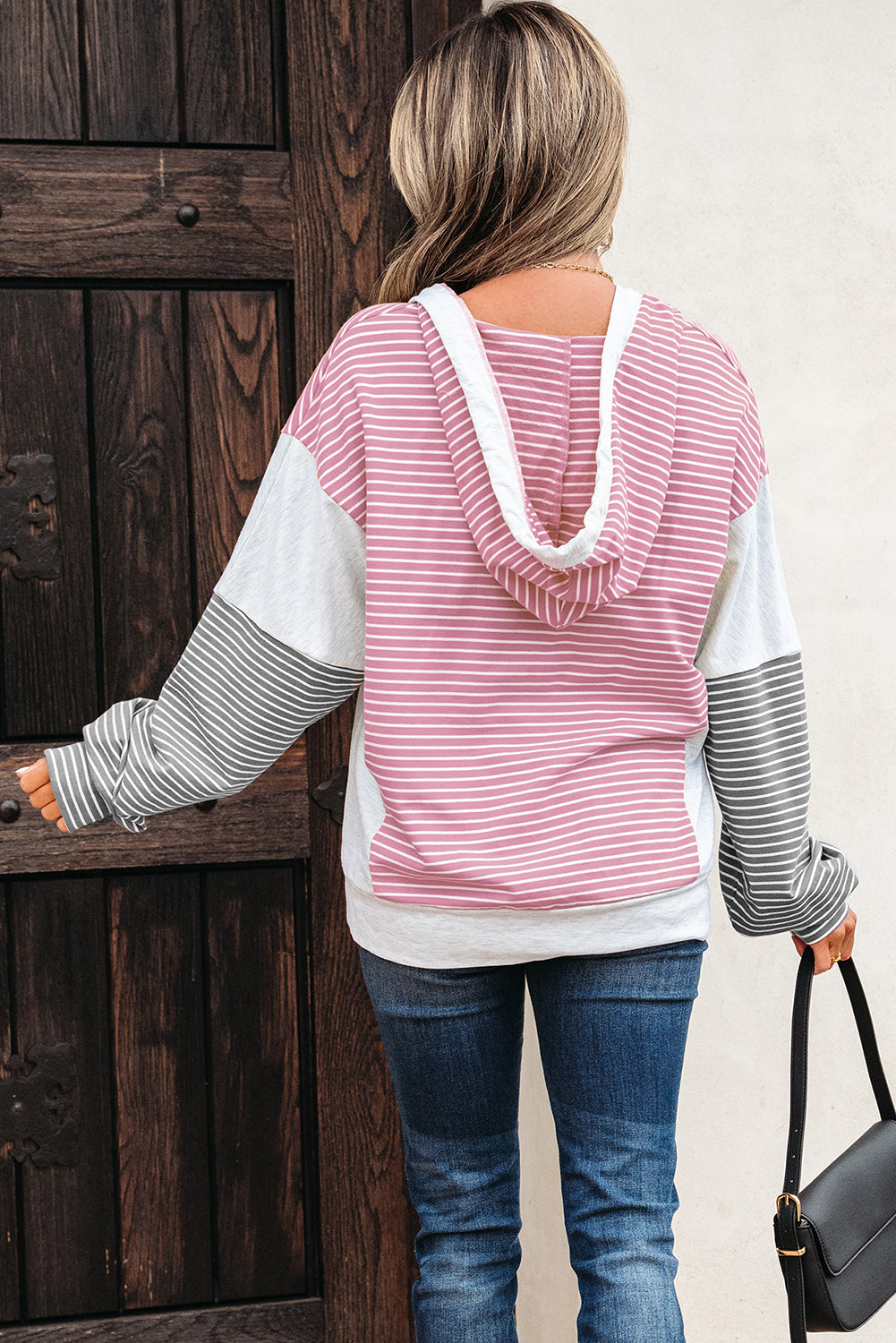Pink Stripe Color Block Drawstring V Neck Loose Fit Hooded Top