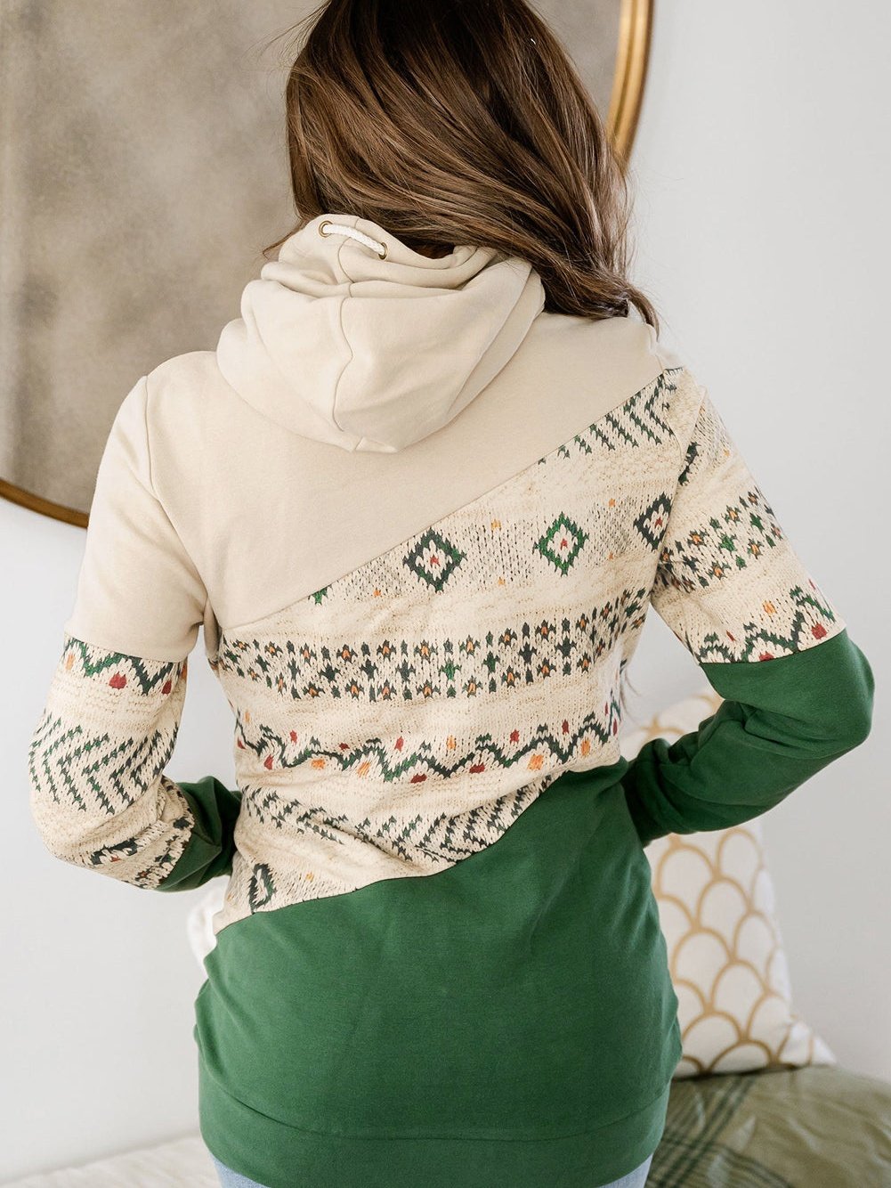Green Geometric Patchwork Color Block Hoodie