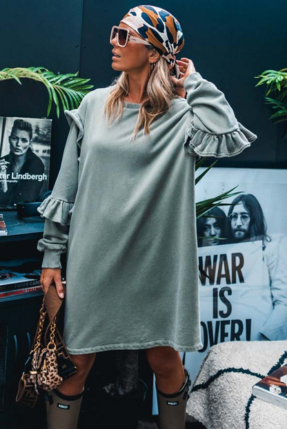 Haze Blue Ruffled Shift Knit Long Sleeve Mini Dress