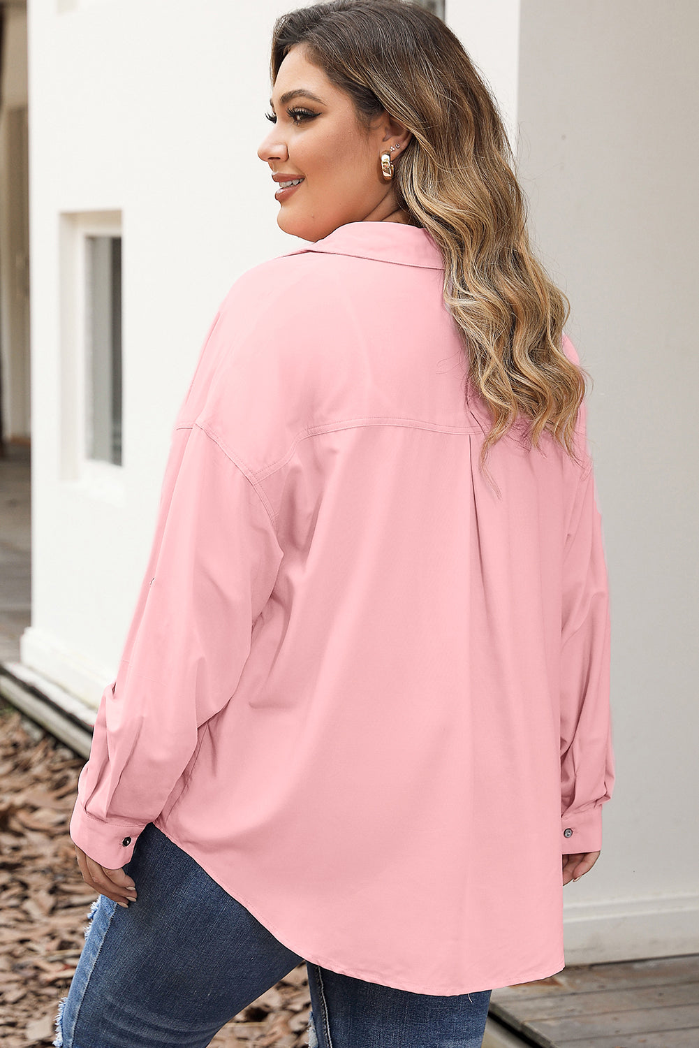 Rose Pink Roll-Tab Sleeve Plus Size Button-Up Shirt