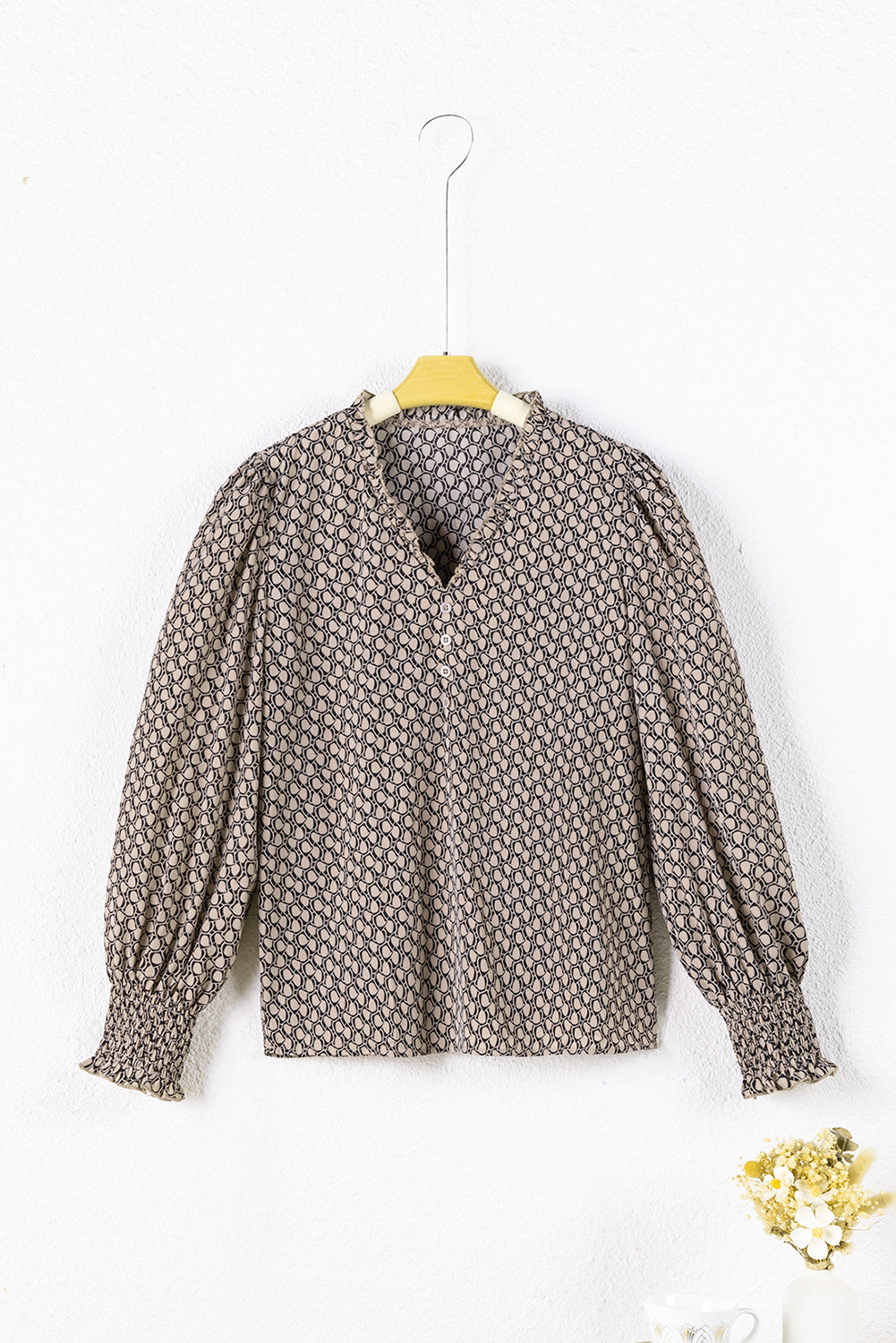 Frenchy Frill V-Neck Printed Shift Blouse in Light Beige