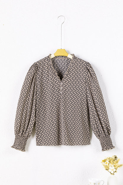 Frenchy Frill V-Neck Printed Shift Blouse in Light Beige