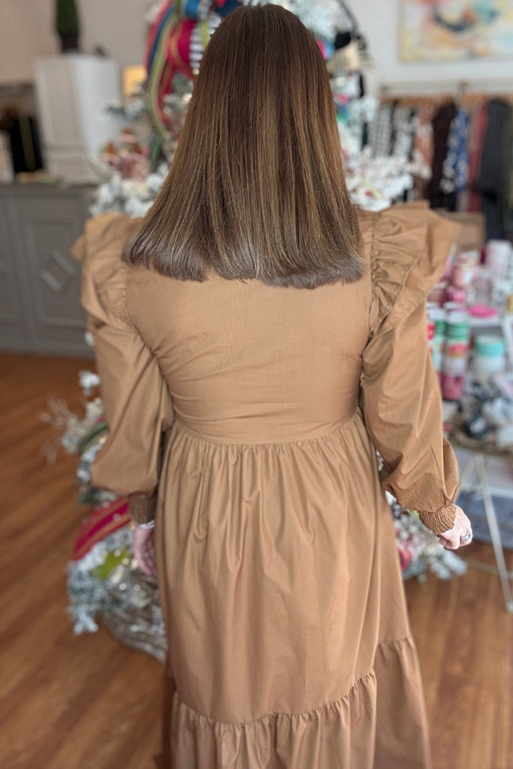 Light French Beige Plus Size Ruffle Trim Long Sleeve Ricrac Trim V Neck Maxi Dress