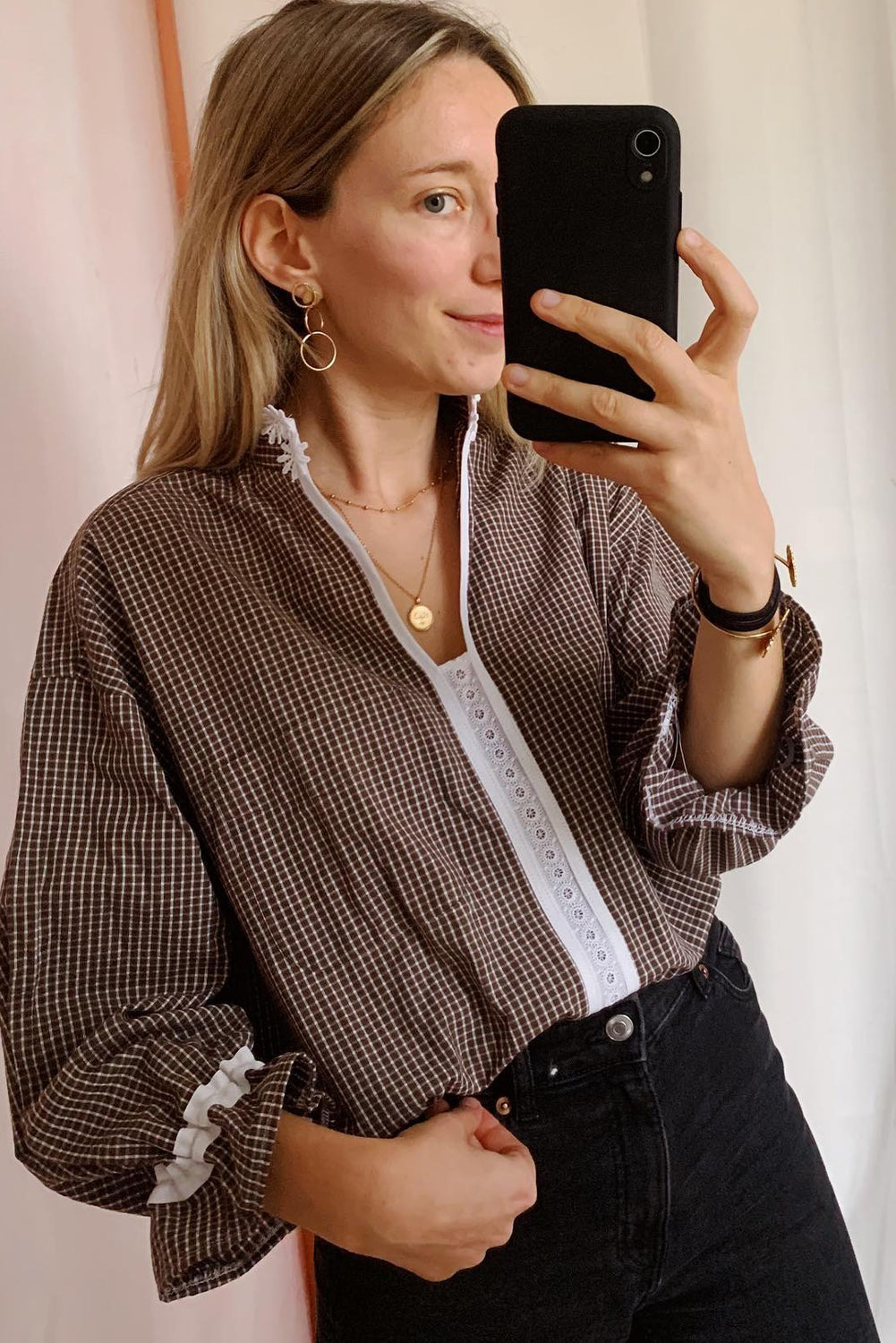 Brown Contrast Lace Collar Ruffled Sleeve Plaid Blouse