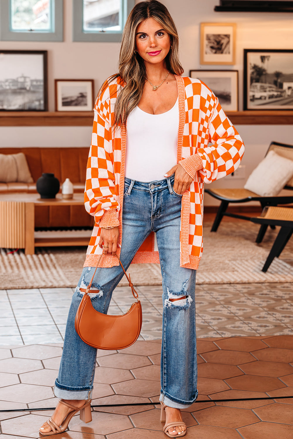 orange checkered cardigan