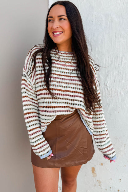 Brown Stripe Hollowed Knit Drop Shoulder Sweater