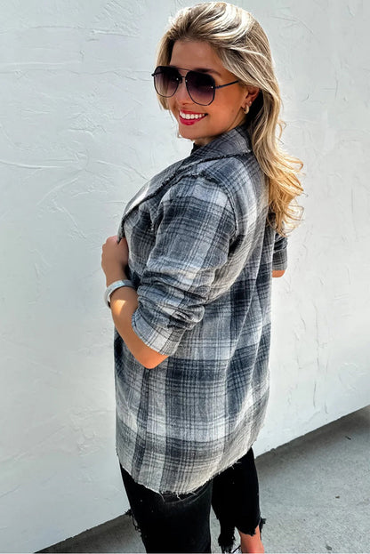 Gray Raw Edge Plaid Open Front Shacket