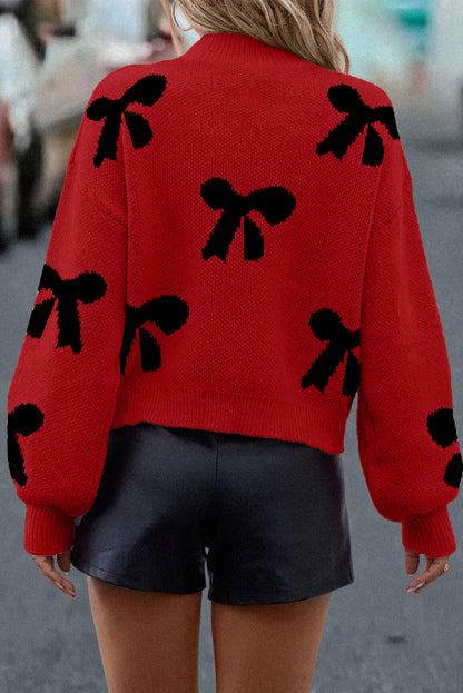 Racing Red Pearl Embellished Bow Pattern Loose Sweater