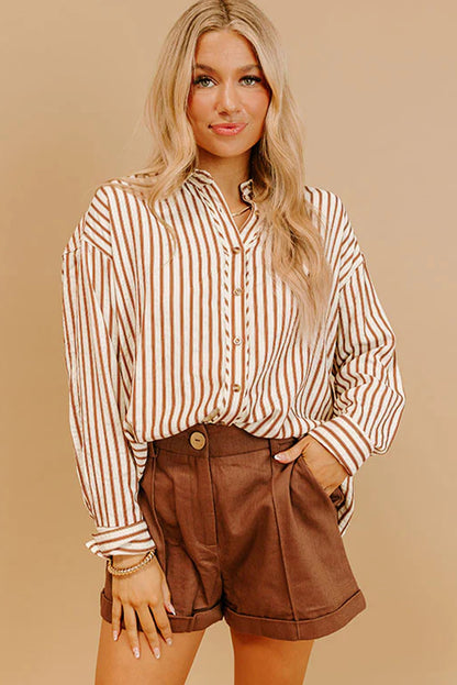 Brown Stripe Textured Hi Low Rounded Hem Casual Shirt with Slits