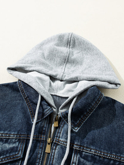 Layered Dark Blue Hooded Zip-Up Denim Jacket with Distressed Detail