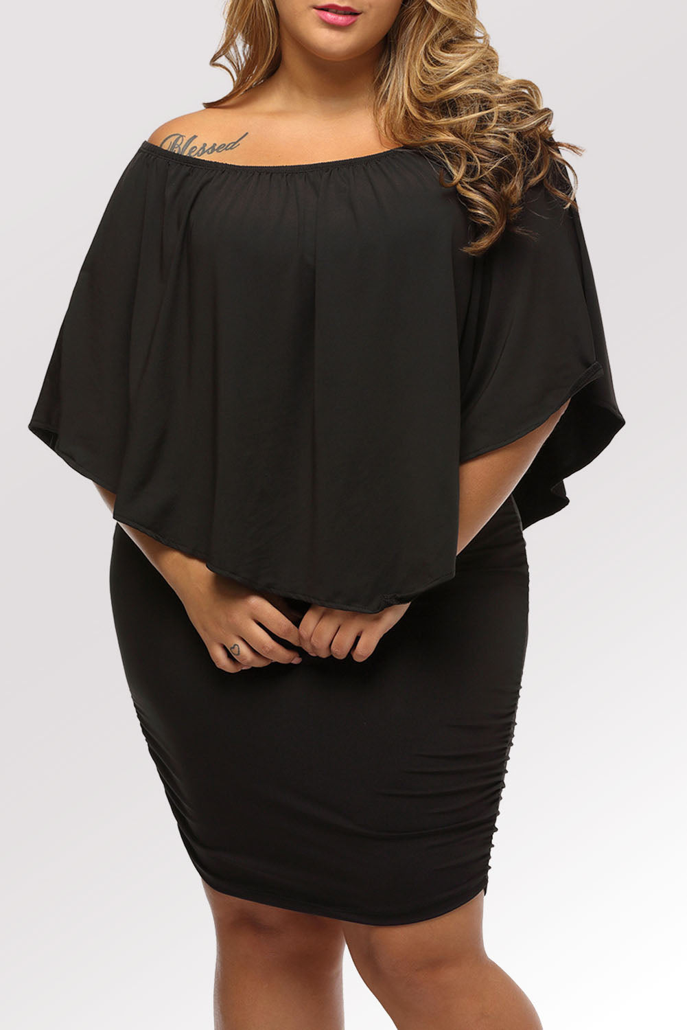 Elegant Black Layered Poncho Mini Dress for Plus Size Women