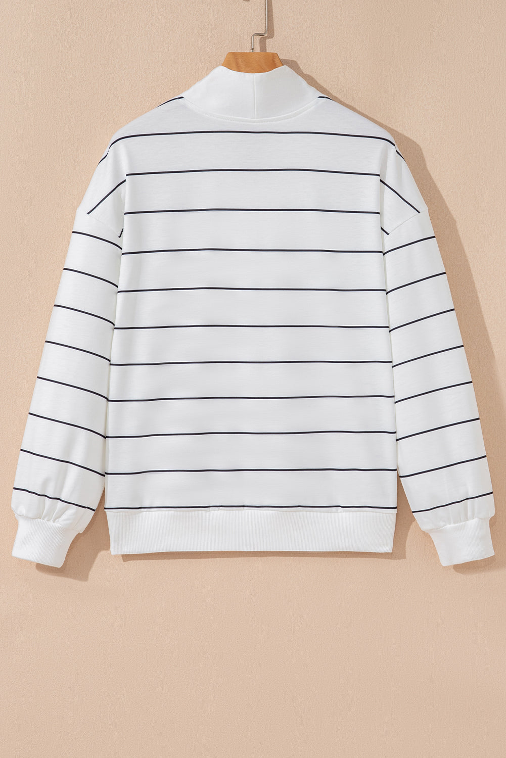 White Striped Zipped V Neck Casual Pullover Top