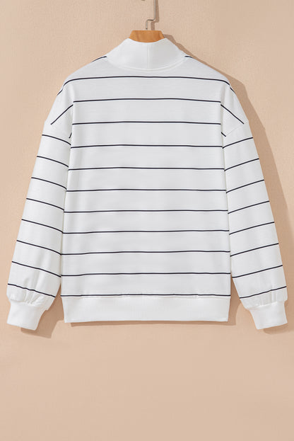 White Striped Zipped V Neck Casual Pullover Top