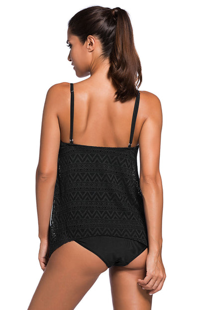 Lace Layered Black Tankini Set with Spaghetti Straps