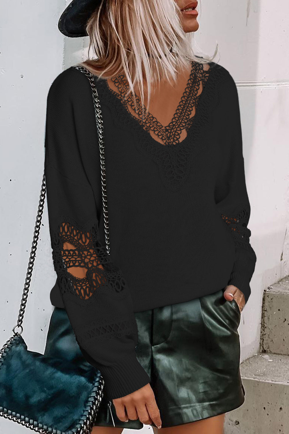 Elegant Black Lace V-Neck Knit Sweater with Hollow Details