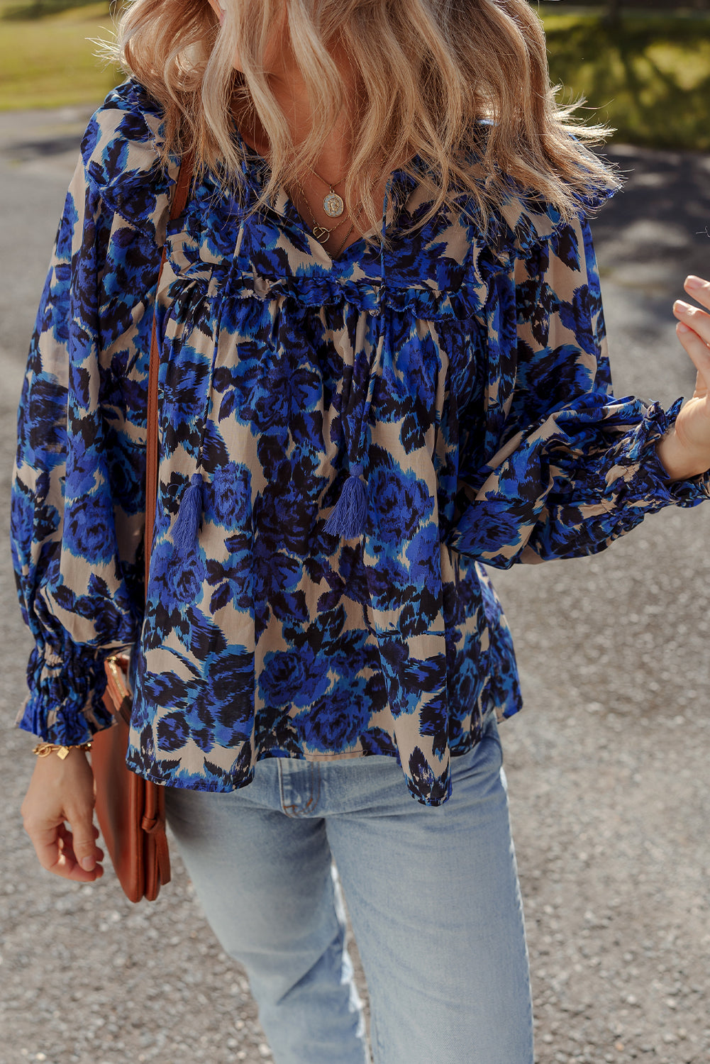 Blue Floral Print Tassel Tie Neck Ruffle Trim Long Puff Sleeve Blouse