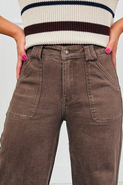 Dark Brown Retro Washed Patch Pocket Loose Jeans