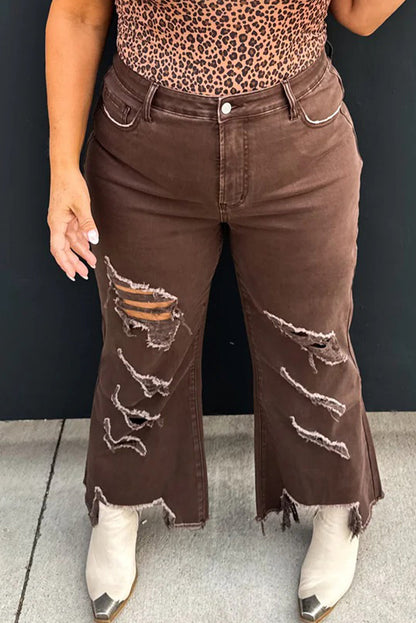 Coffee Asymmetric Distressed Raw Hem Cowgirl Jeans