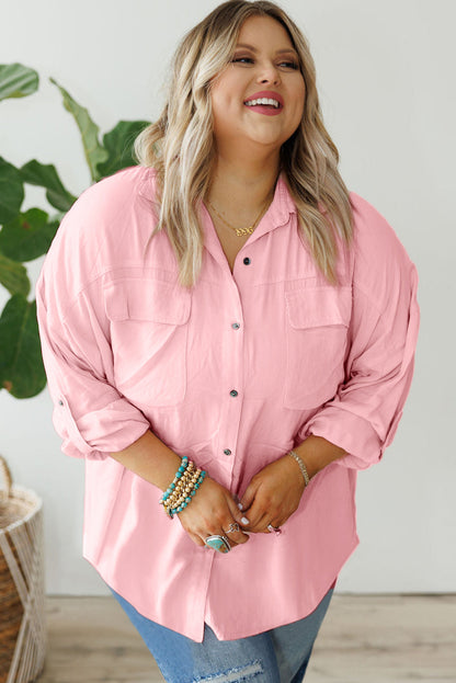 Rose Pink Roll-Tab Sleeve Plus Size Button-Up Shirt