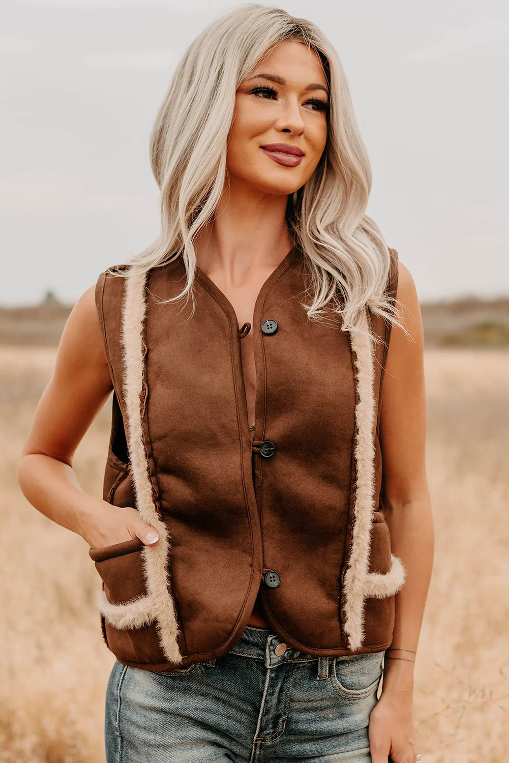 Coffee Faux Suede Plush Trim Button Down Vest