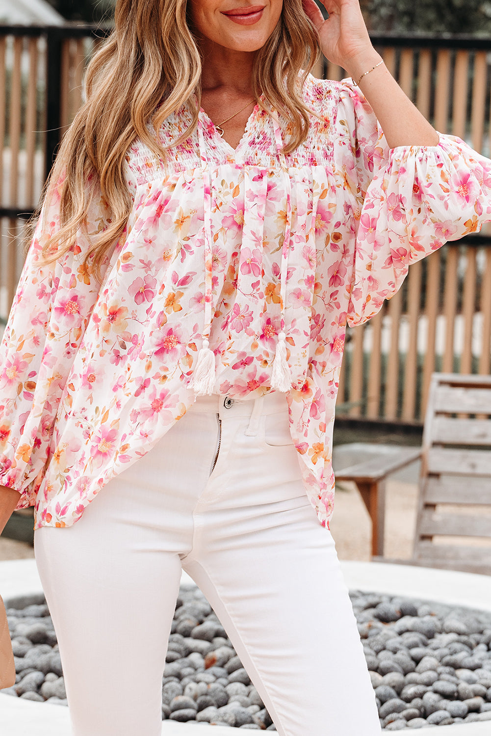 pink floral blouse