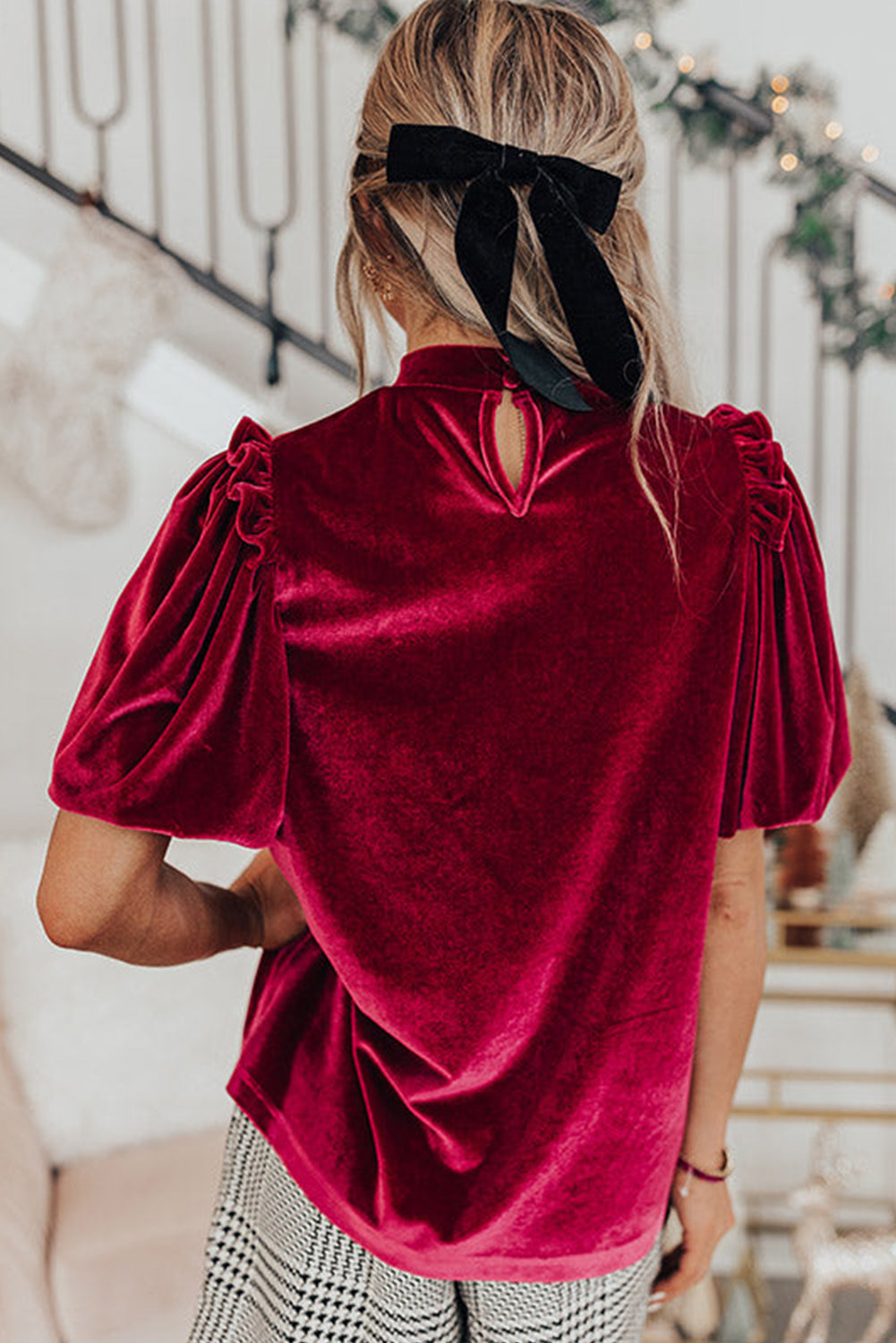 Red Dahlia Frilled Short Puff Sleeve Velvet Blouse