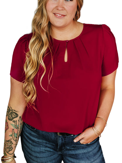 Red Dahlia Keyhole Pleated Crew Neck Plus Size T Shirt