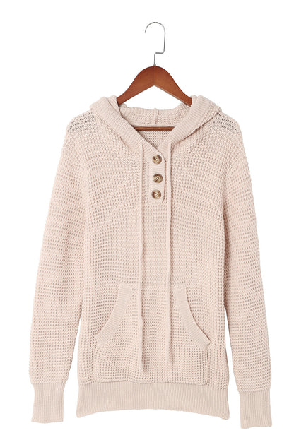 Apricot Hooded Waffle Knit Sweater with Button-Up Front Pocket
