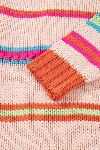 Multicolour Open Front Striped Pattern Knit Oversize Cardigan