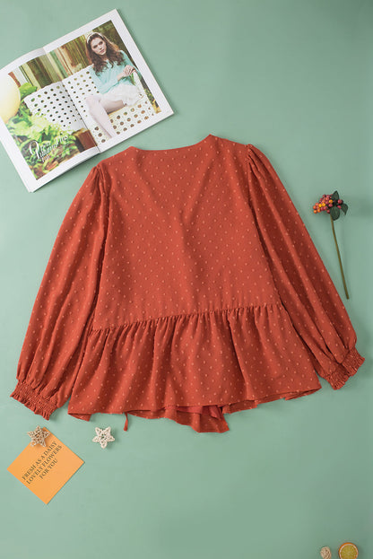 Golden Sparks Plus Size Swiss Dot V Neck Wrap Tie Side Blouse