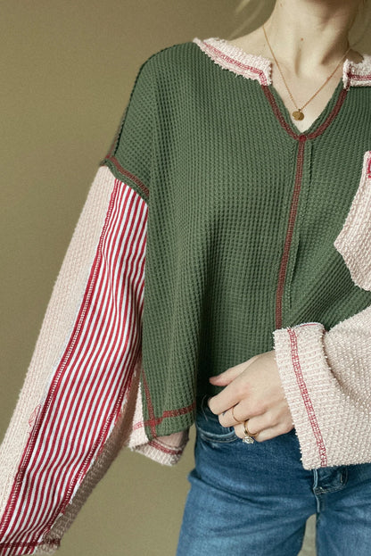 Green Mix Texture Exposed Stitch Color Block Notched Neck Loose Top