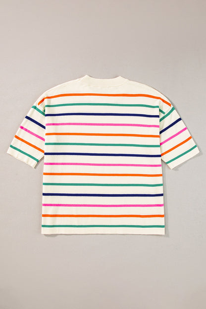 Beige Stripe Dropped Short Sleeve Boxy Fit Knitted Top