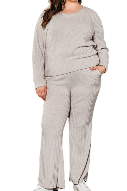 Cozy Ribbed V Neck Plus Size Lounge Set
