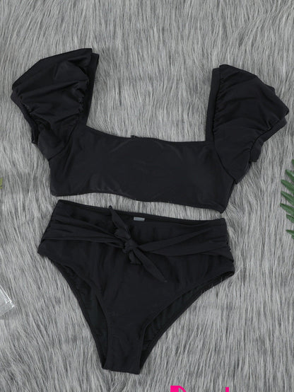French Romance Black High Waisted Bikini with Puff Sleeves