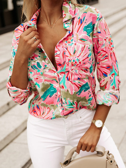 Green Abstract Floral Print Collared Sheath Blouse with Long Sleeves