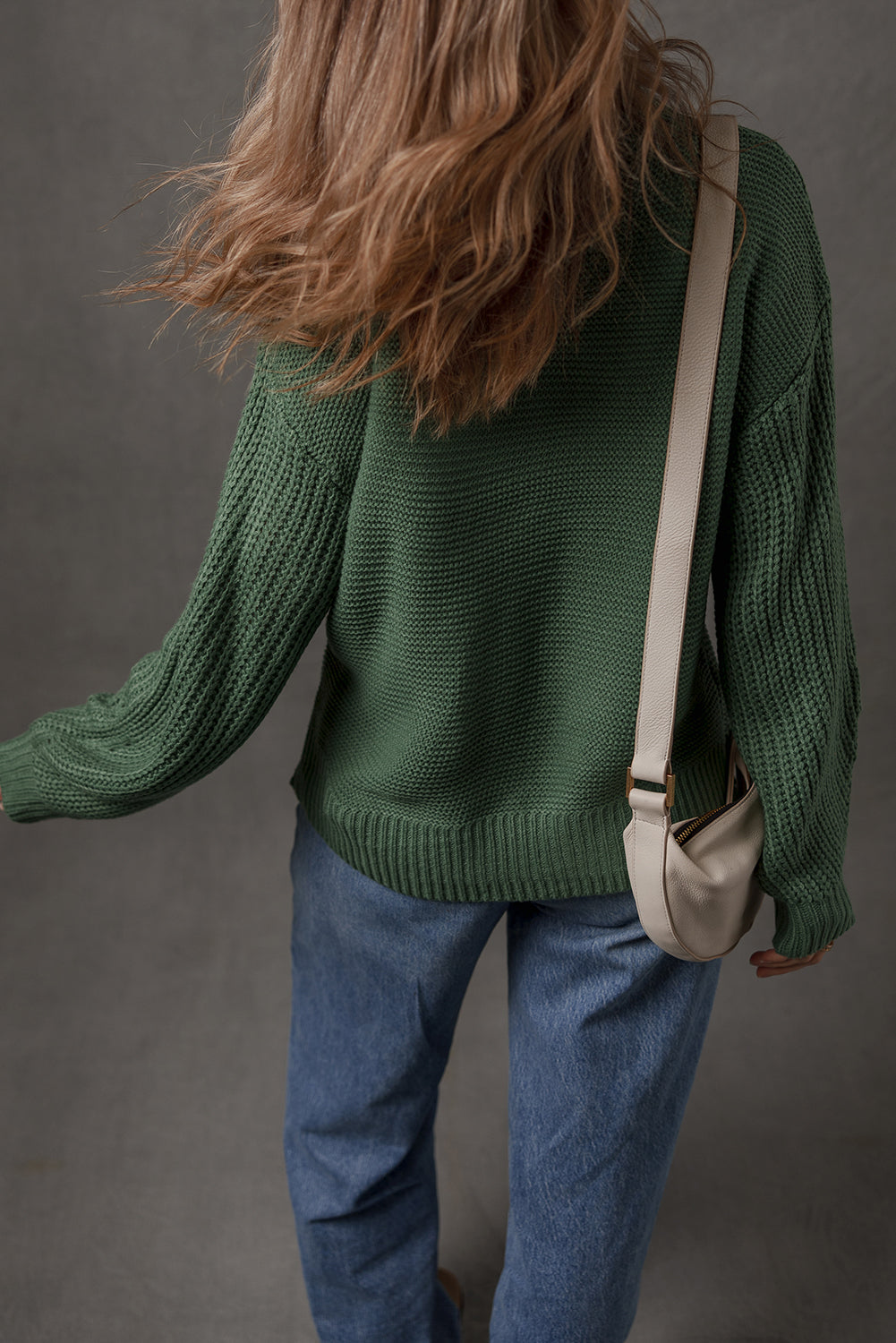 Mist Green Solid Color Front Seam Drop Shoulder Loose Sweater