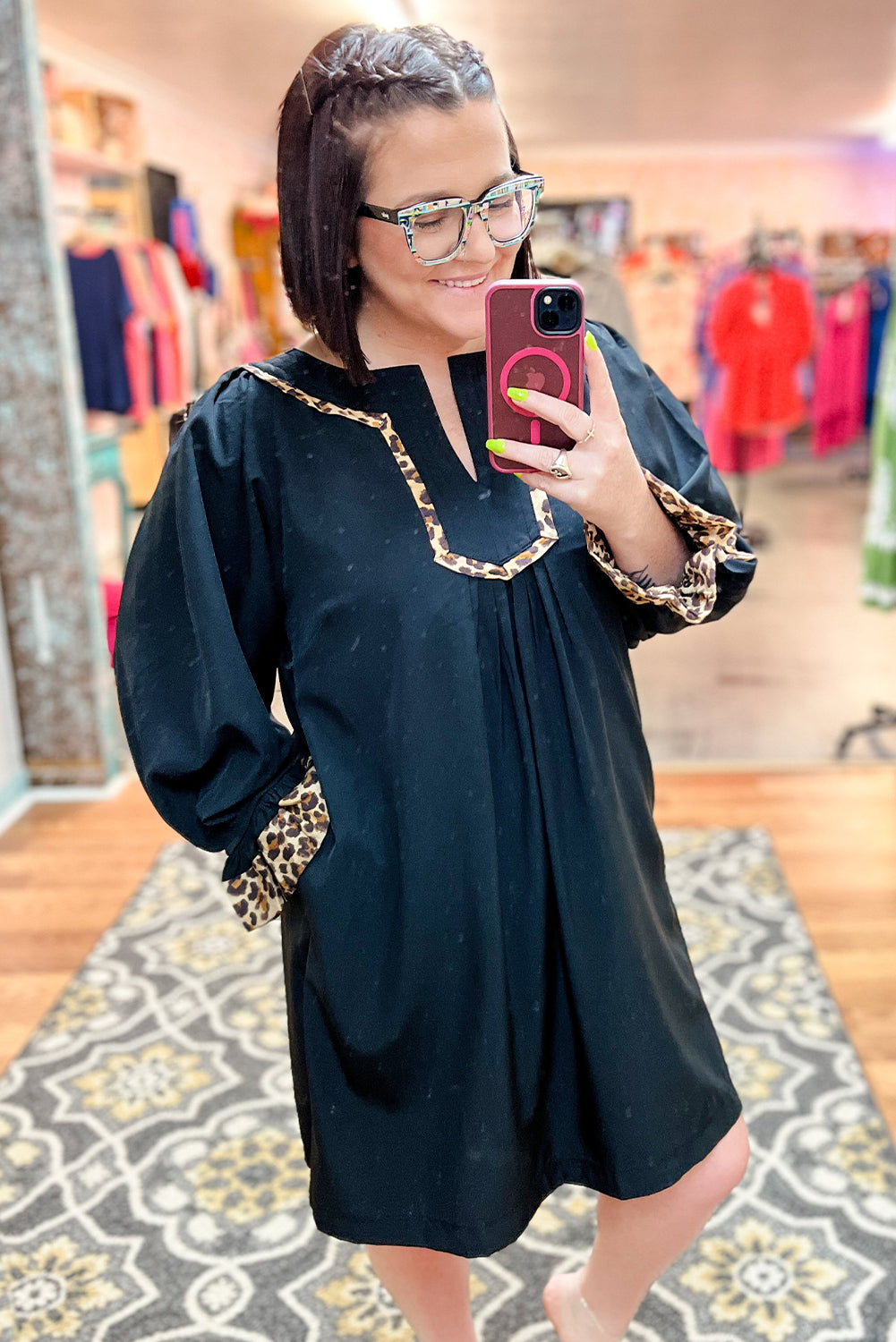 Black Plus Size Notched Neck Leopard Trim Flounce Long Sleeve Shift Dress