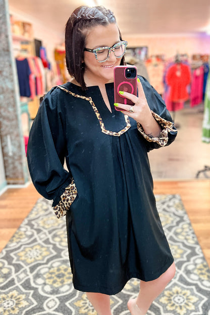 Black Plus Size Notched Neck Leopard Trim Flounce Long Sleeve Shift Dress