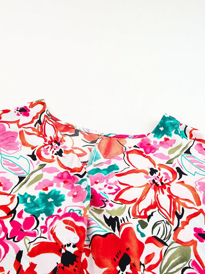 Floral Print Rose Kimono Sleeve Plus Size Blouse