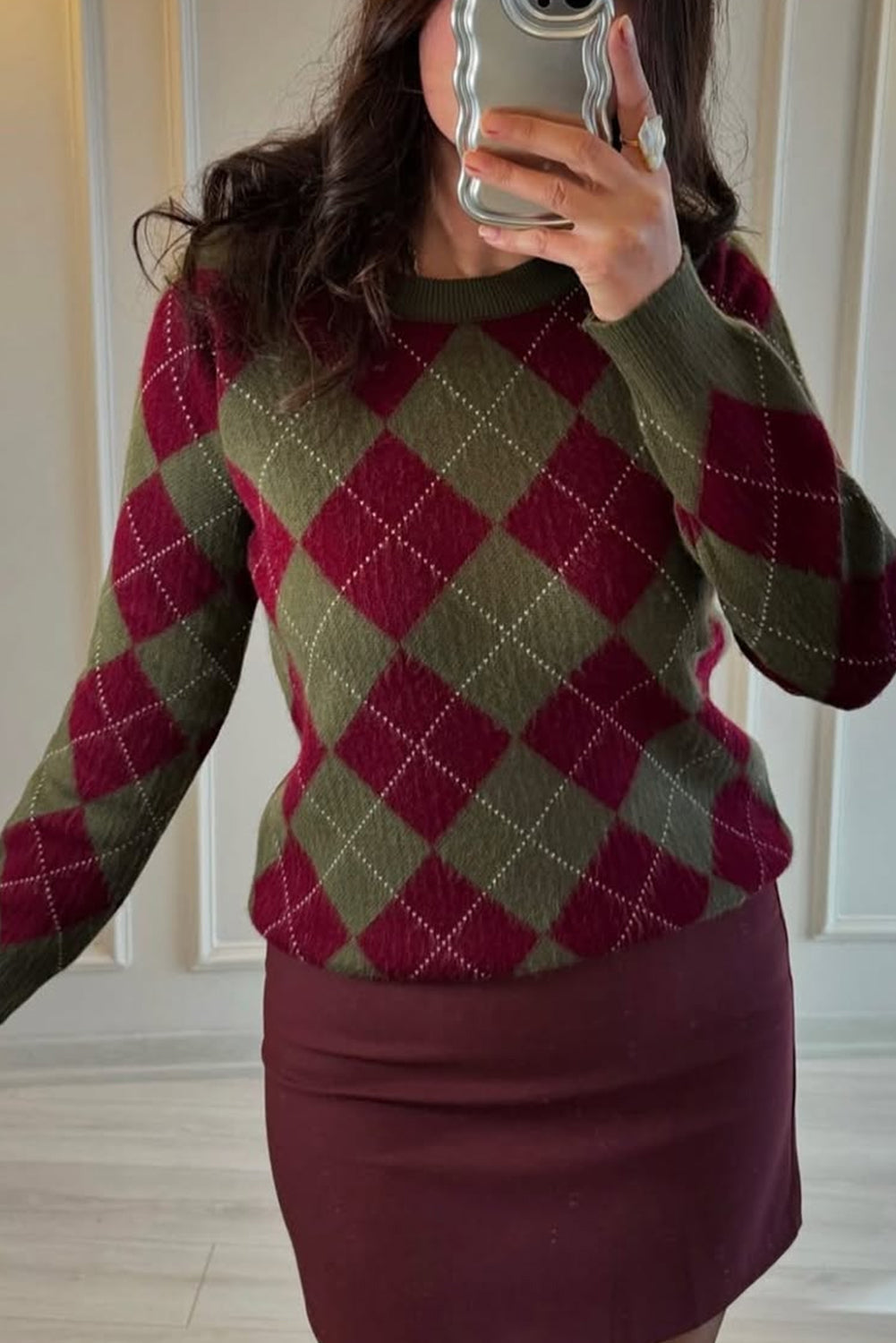 Green Vintage Argyle Knit Round Neck Sweater