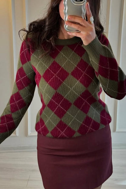 Green Vintage Argyle Knit Round Neck Sweater