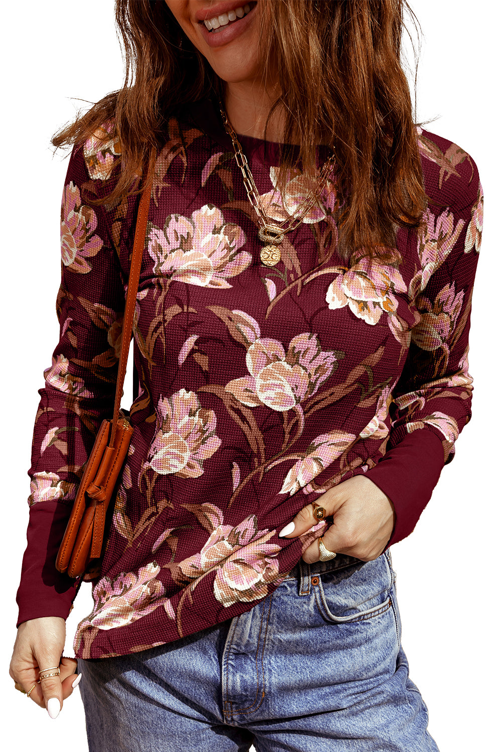 Red Floral Print Waffle Textured Long Sleeve Top