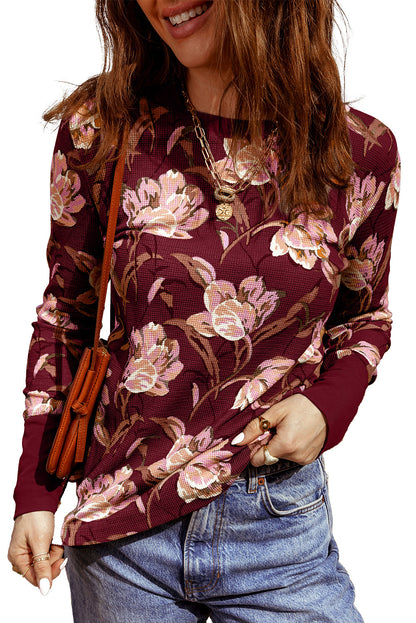 Red Floral Print Waffle Textured Long Sleeve Top