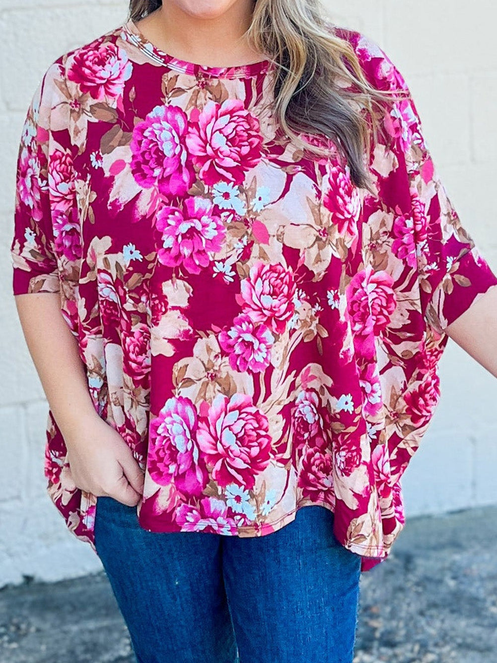 Red Floral Print Short Sleeve Plus Size Blouse