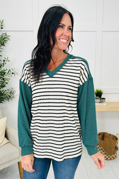 Green Twisted Ribbed Mix Striped Patchwork V Neck Long Sleeve Top