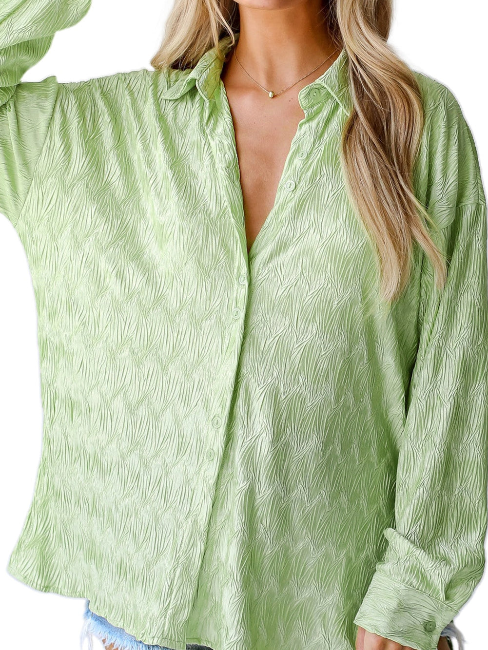 Green Slit Texture Oversized Collared Shirt