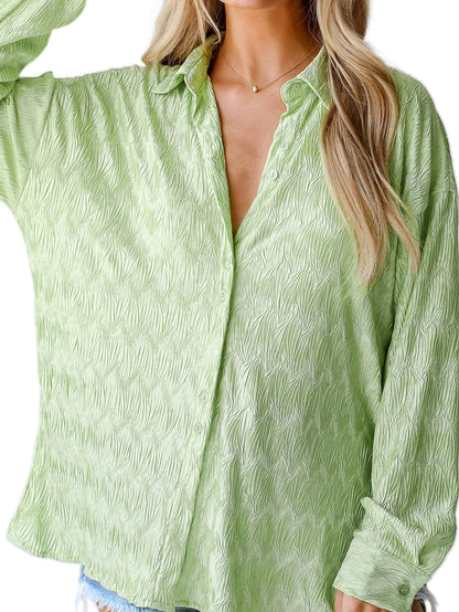 Green Slit Texture Oversized Collared Shirt