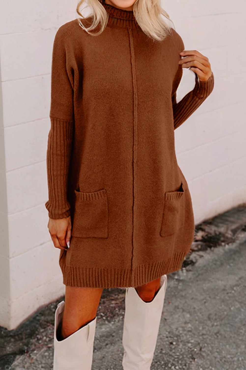 Chestnut Ribbed High Neck Front Pockets Center Seam Shift Sweater Dress
