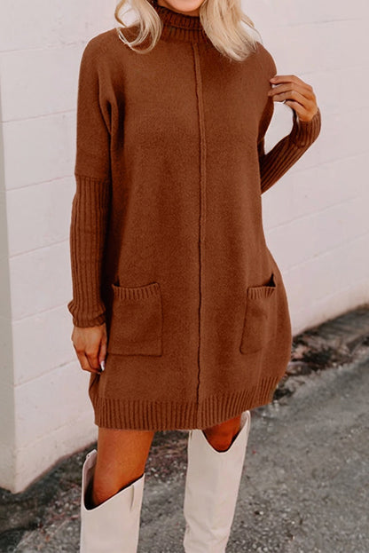 Chestnut Ribbed High Neck Front Pockets Center Seam Shift Sweater Dress